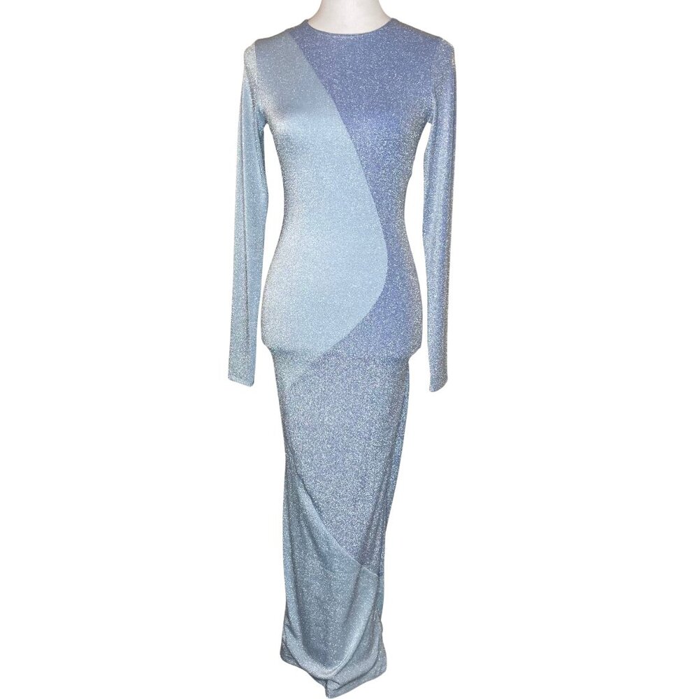 Naked Wardrobe Blue Shimmer Glow For It Swirl Bodycon Maxi Dress Size M - Picture 2 of 14